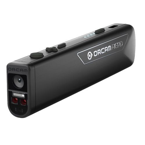 A close-up view of the OrCam Read Smart Device.