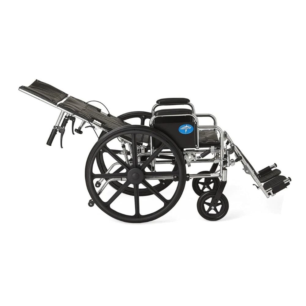 A wheelchair with the back reclined.