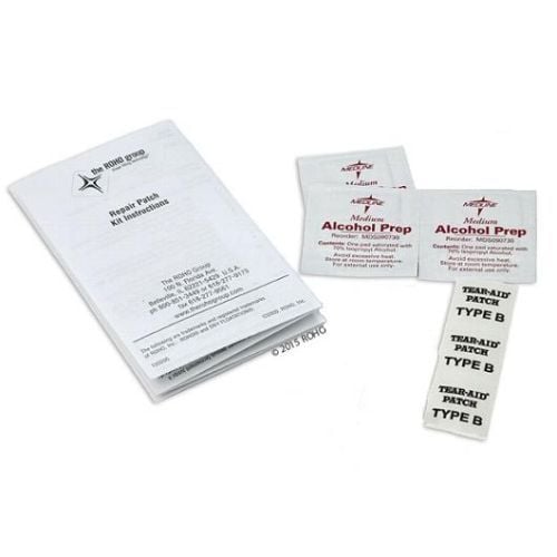 Repair Patch Kit w/ square self-adhesive patches, isopropyl alcohol pads and instructions