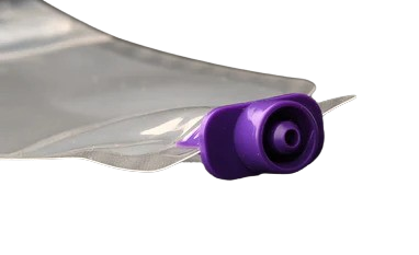 A close-up of the ENFit-compatible nozzle on the pill pouch