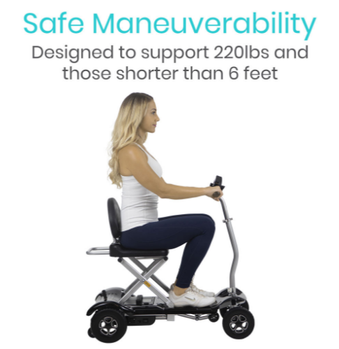 A woman riding the scooter, which is designed to safely support those shorter than 6 feet weighing up to 220 pounds.