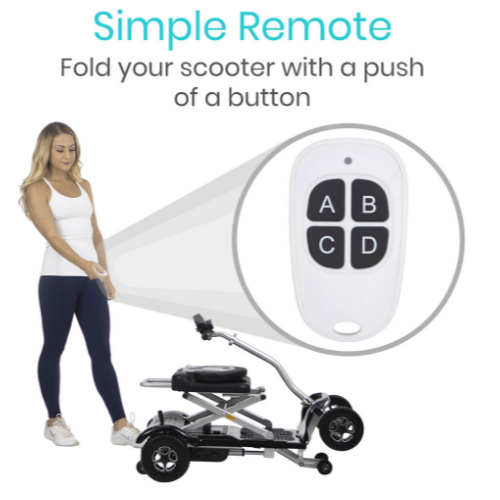 A woman using the remote to automatically fold the scooter with a push of a button.