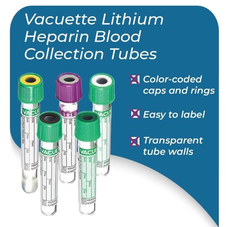 Vacuette Lithium Heparin Blood Collection Tubes |Color-Coded Caps and Rings | Easy To Label | Transparent Tube Walls