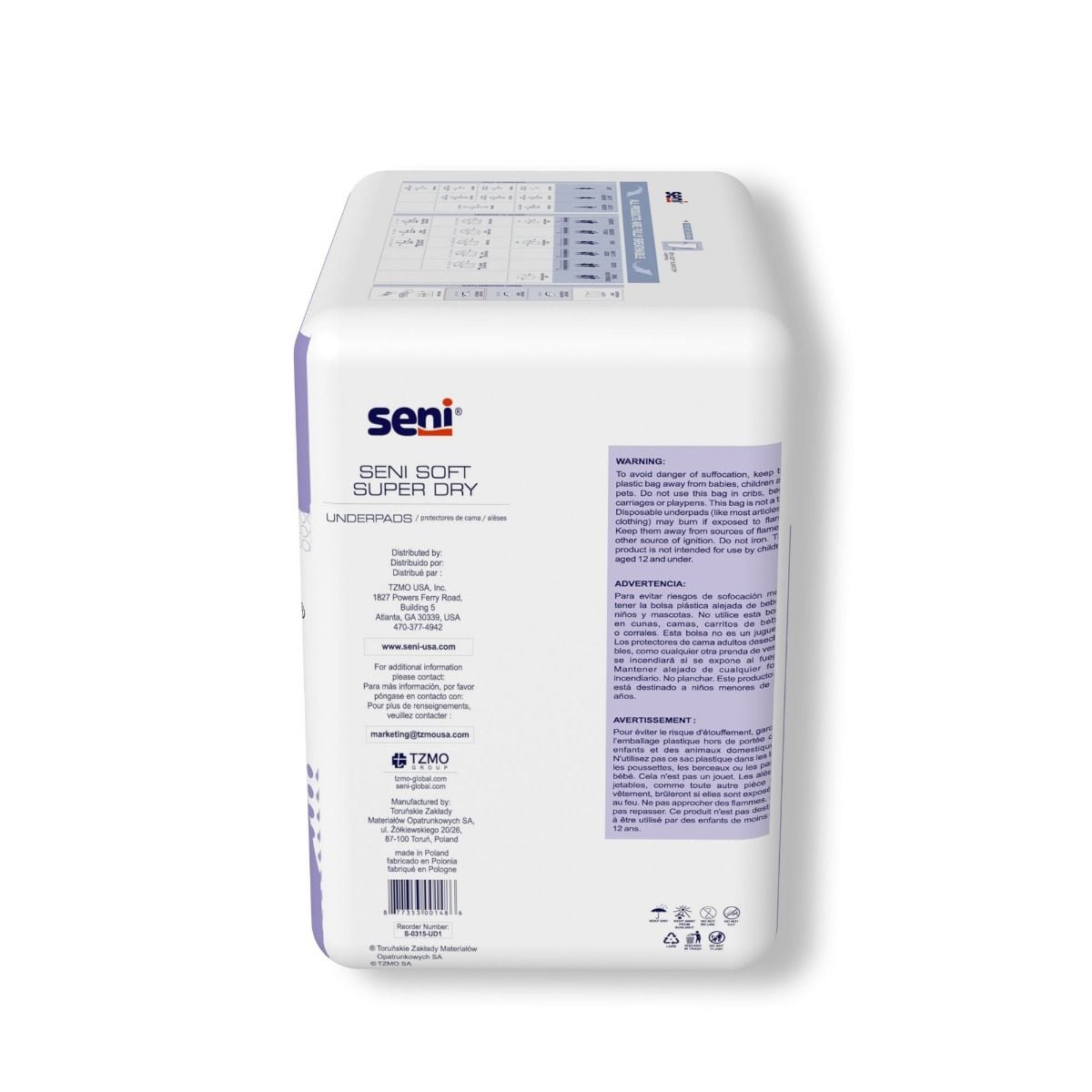 Seni Soft Super Underpads Dry Package, Side View