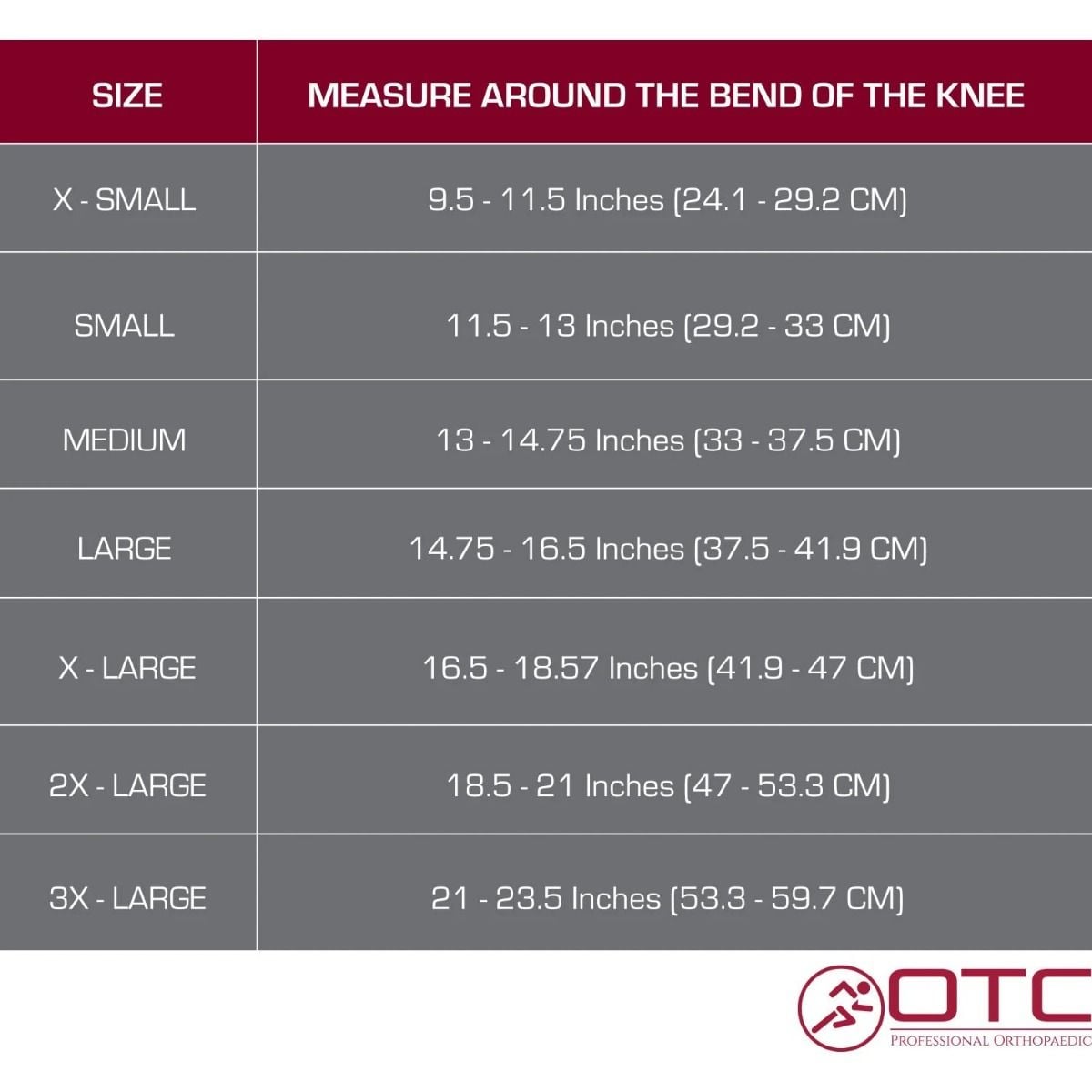 Size Chart for OTC Knee Support