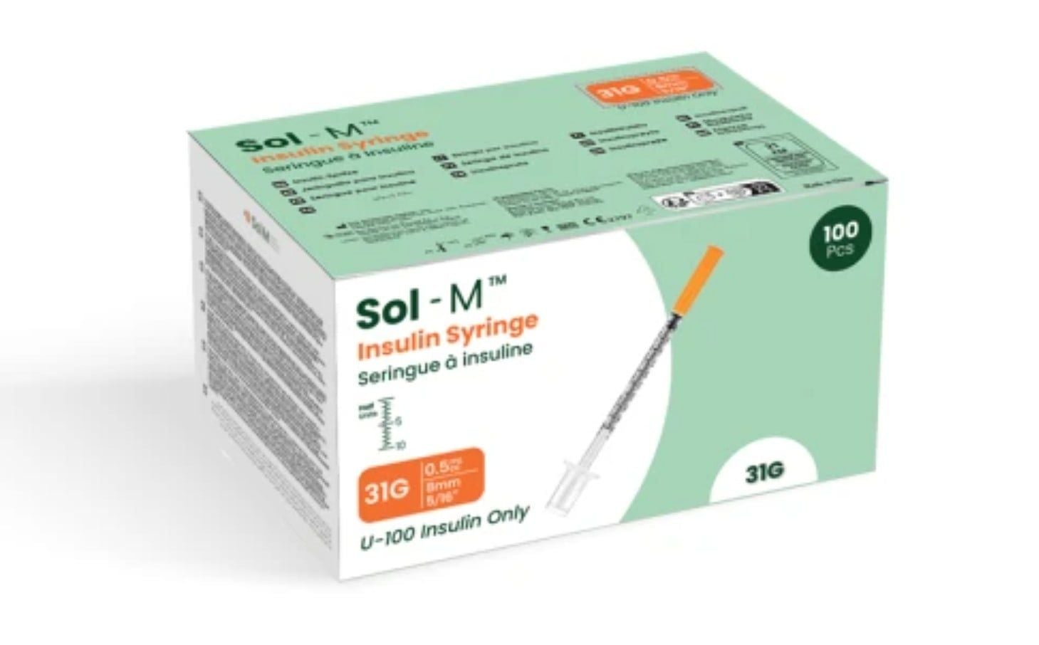 Sol-M Standard Insulin Syringes with Short Needle - Box of 100