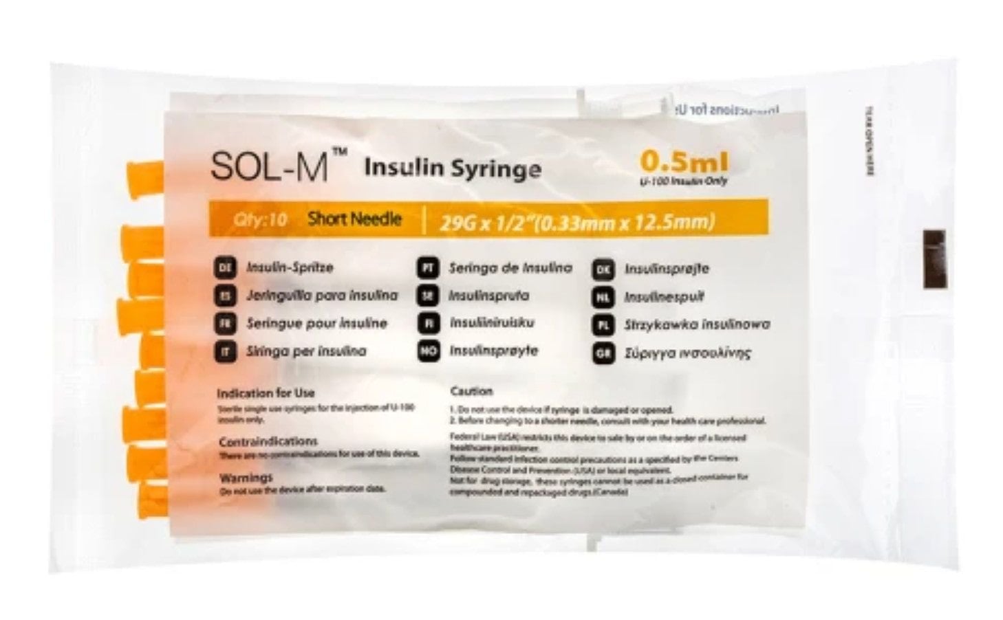 Sol-M Standard Insulin Syringes with Short Needle - Package of 10