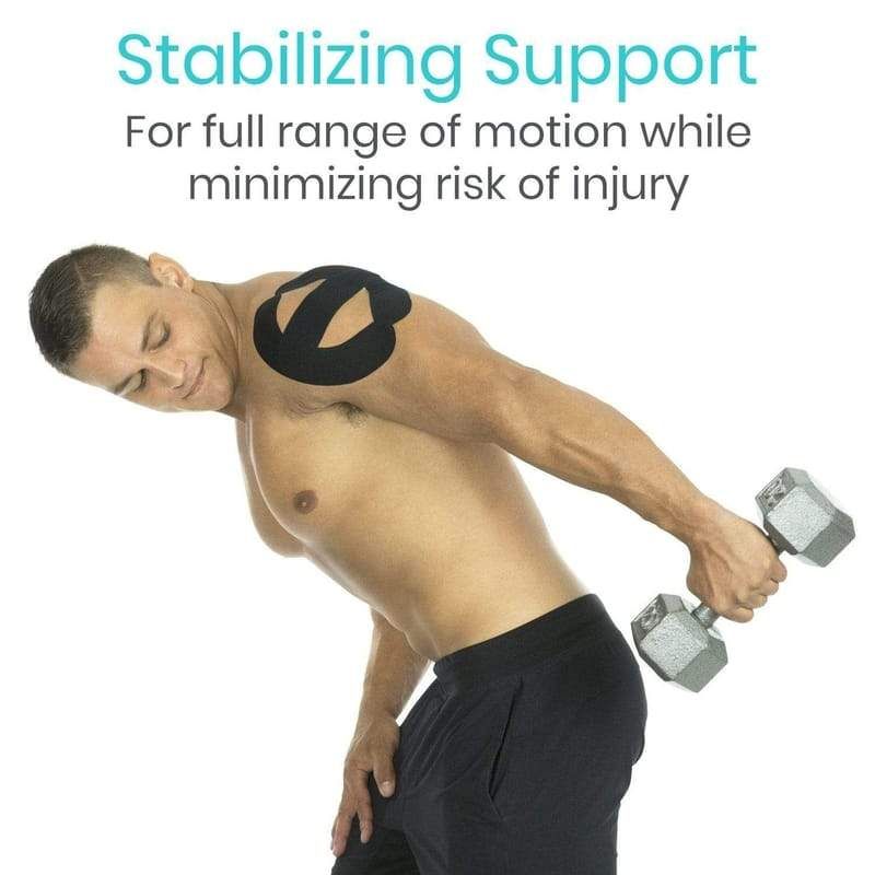 Kinesiology tape in use on a man's shoulder while working out.