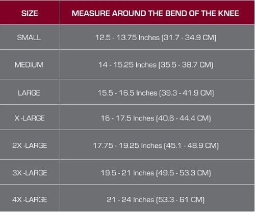Sizing chart for the OTC Neoprene Knee Support.