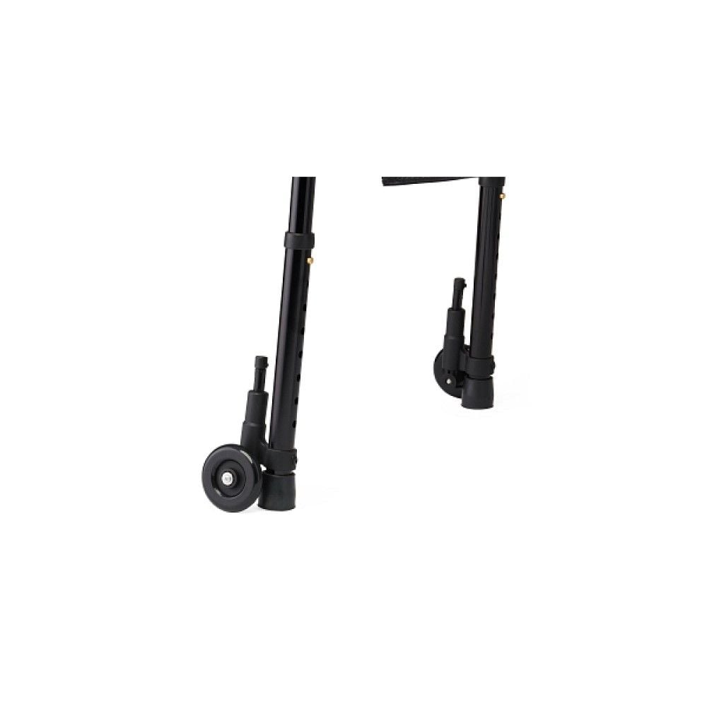 The back wheels of the Medline Folding Trigger Walker