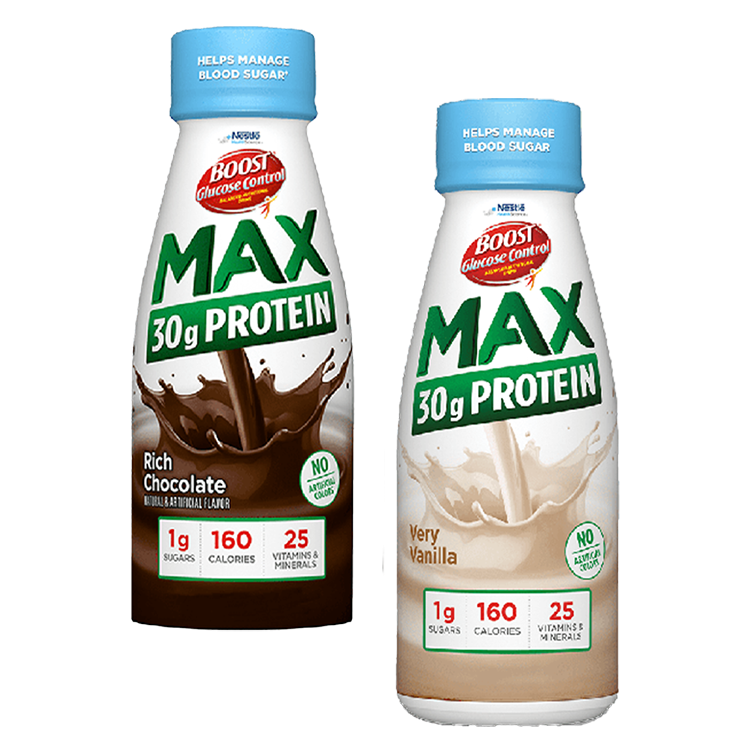 Bottles of Boost Glucose Control Max Protein in chocolate and vanilla