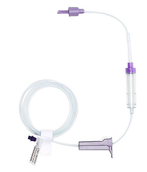 The gravity feeding tube with ENFit connector and spike set.