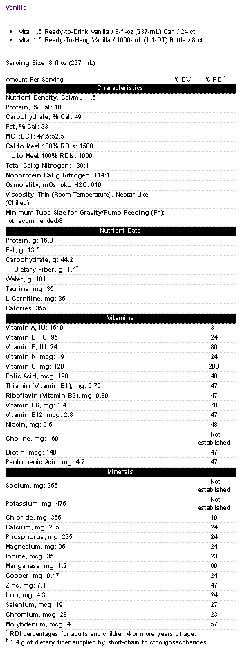 Vital 1.5 Cal 1000 mL Bottle Nutrition