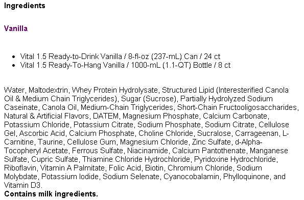 Vital 1.5 Cal Ingredients