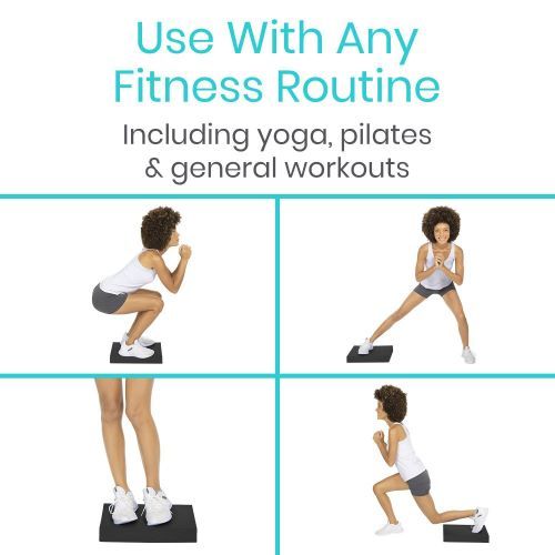 Four panes show a woman performing different exercises using the balance pad.