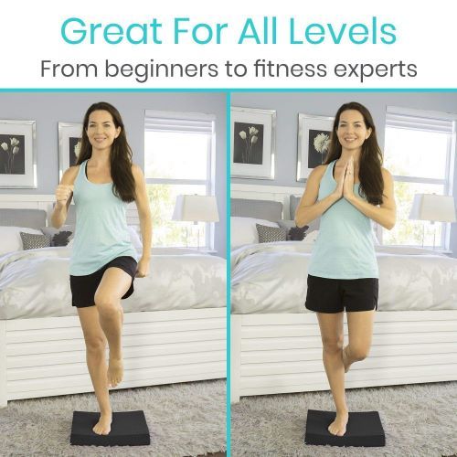 Woman practices balancing on one leg using the balance pad