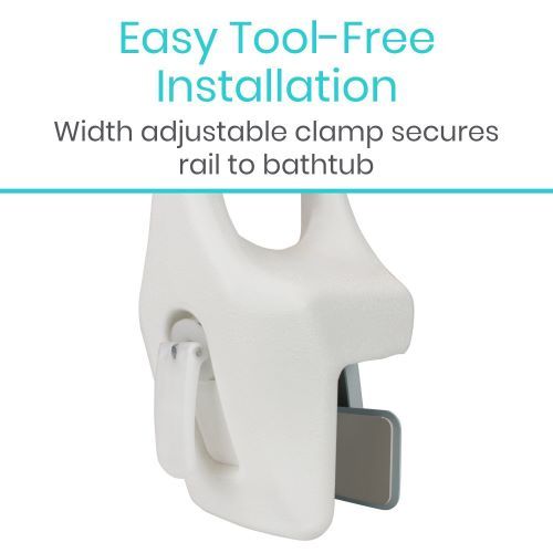 Easy, tool-free installation: Width-adjustable clamp secures rail to bathtub.