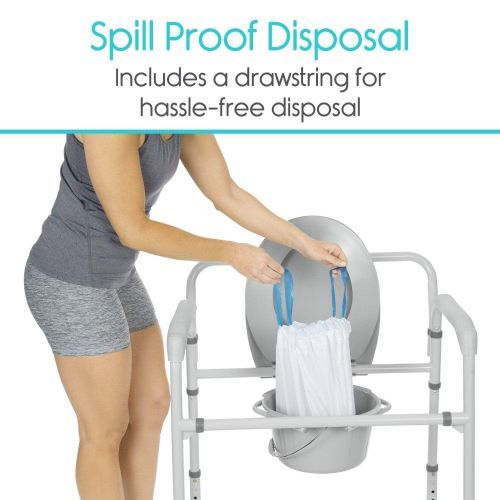 A user pulls the liner out using the convenient drawstrings for spillproof and hassle-free disposal.