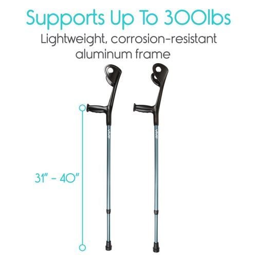 The crutches are made of lightweight, corrosion-resistant aluminum and support up to 300 pounds.