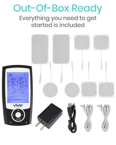What's in the box? Stim machine, 8 pads, charging cord, electrode cables, USB battery charger, and mini-USB cable