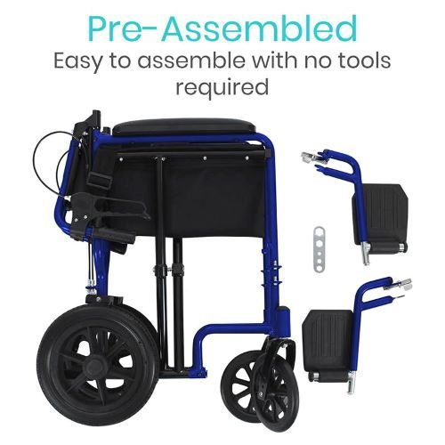 Transport chair is preassembled and doesn't require tools to attach the footrests.