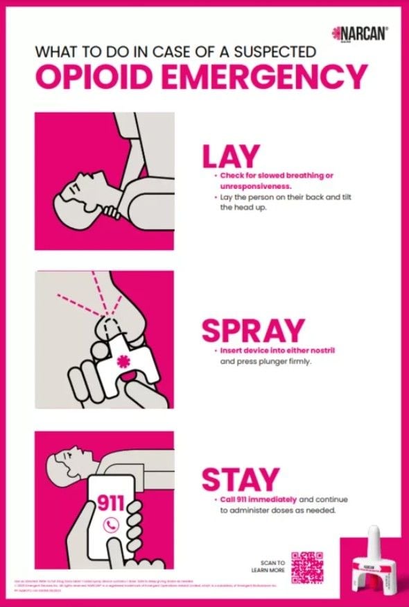 What to do in an opioid emergency: lay, spray, stay