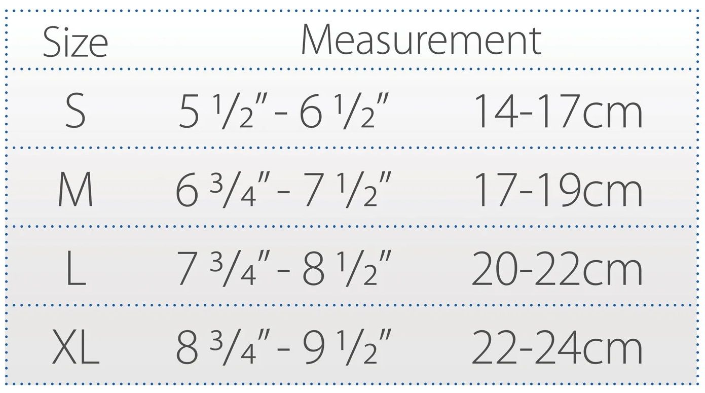 Sizing Chart for Reflex Wrist Support