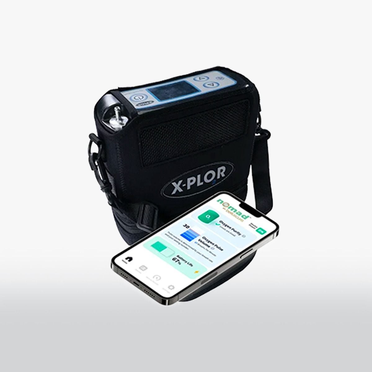 Belluscura X-PLOR Portable Oxygen Concentrator with carry bag and a cellphone.