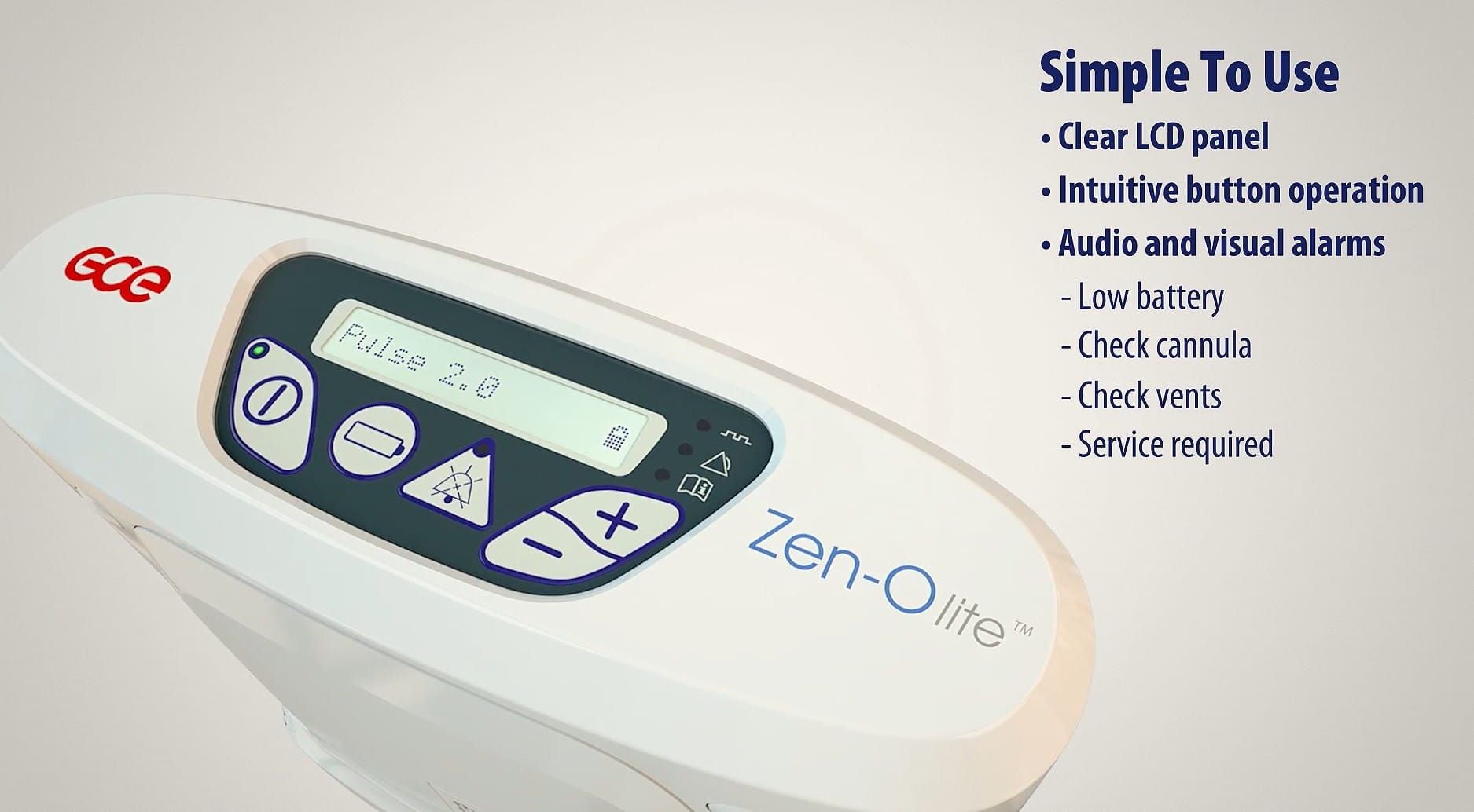 Simple to use: clear LCD panel, intuitive button operation, audio and visual alarms: low battery, check cannula, check vents, service required