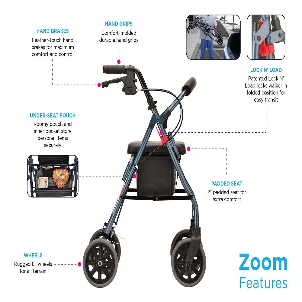 Nova Zoom 24 Rolling Walker / Rollator - 4424BL & 4224RD