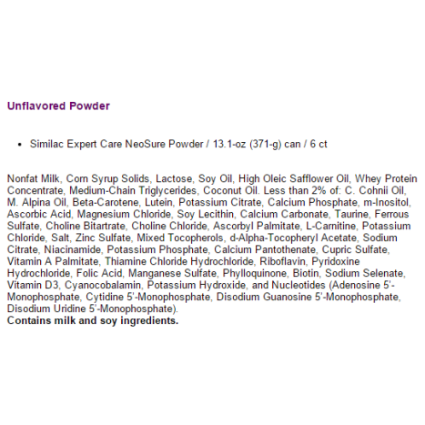 Similac Expert Care NeoSure Powder Ingredients