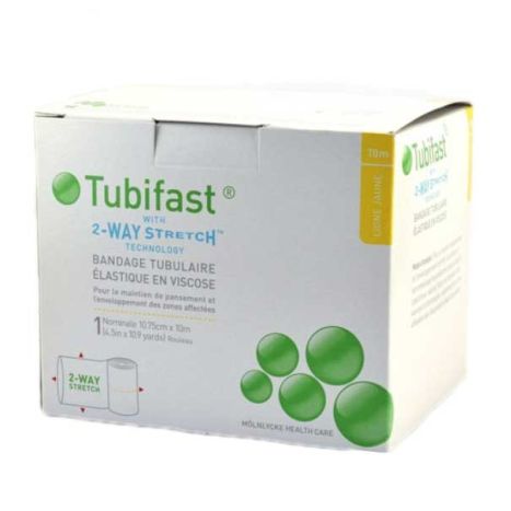 Molnlycke Tubifast 2 Way Stretch YELLOW LINE 10m x 4.5 Inch Tubular Bandage main product photo