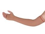 Size S, Length: 15 - 1/2 Inch, 8 - 1/2 Inch Circumference, Arm w/ Thumb Loop, Beige w/ Red Stripe