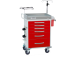 6 Drawer Cart, Break Away Lock, Red, w/ IV Pole, Defibrillator Shelf, Cardiac Board, Oxygen Tank Holder, Sharps Container Holder, Accessory Rails