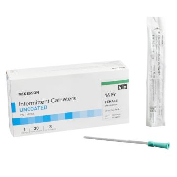 14-French McKesson 6 Inch Uncoated Urethral Catheter box with catheter and individual packaging