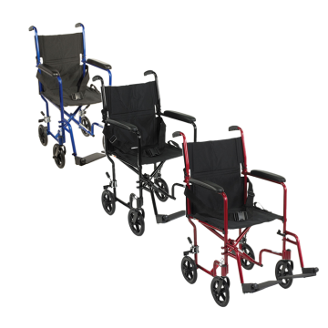 Drive Medical Aluminum Transport Chair in black, blue, and red