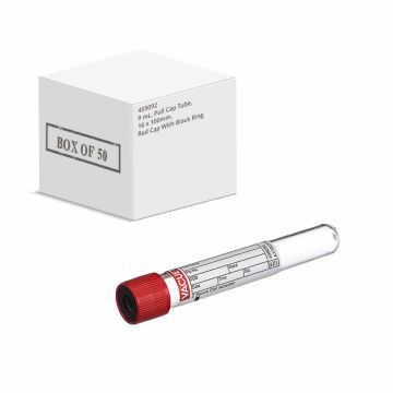 9 mL, Pull Cap Tube, 16 x 100mm, Red Cap With Black Ring - Box of 50