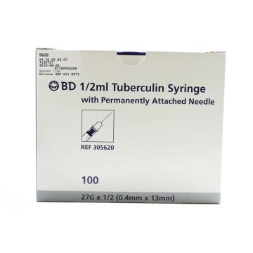 27 Gauge x 1/2 Inch, 1/2 mL, with Attached Needle - Box of 100