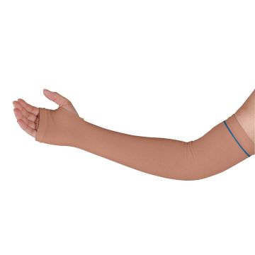 Size XL, Length: 20 Inch, 13 Inch Circumference, Arm w/ Thumb Loop, Beige w/ Blue Stripe