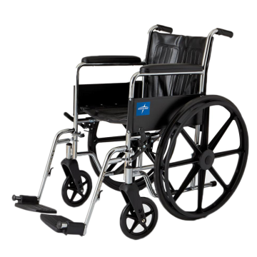 Medline MDS806150D Excel 2000 Wheelchair 18 W x 16 D Inch Seat with Permanent Full-Length Arms and Swing-Away Footrests - Black Upholstery