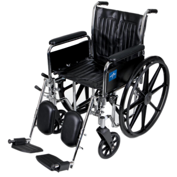 Medline MDS806300DFLA Excel 2000 Wheelchair 18 W x 16 D Inch Seat with Removable Full-Length Arms and Detachable Elevating Legrests - Navy Upholstery