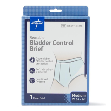 The Medline Reusable Incontinence Pants packaging, male and female.