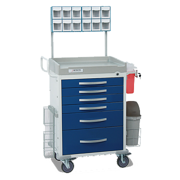 6-Drawer Cart, Keyed Lock, Blue, w/ Sharps Container Holder, 12-Bin Organizer, Catheter Holder, Waste Bin, Accessory Rails