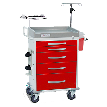 5-Drawer Cart, Break Away Lock, w/ IV Pole, Defibrillator Shelf, Cardiac Board, Oxygen Tank Holder, Sharps Container Holder, Accessory Rails