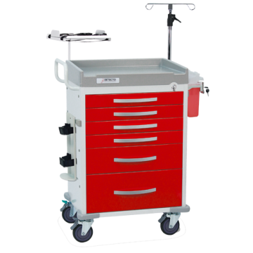 6 Drawer Cart, Break Away Lock, Red, w/ IV Pole, Defibrillator Shelf, Cardiac Board, Oxygen Tank Holder, Sharps Container Holder, Accessory Rails