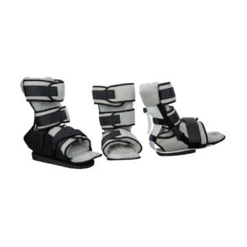 Left to right: Rolyan Podus Boot w/ ambulation attachment; boot without straps; boot w/ adjustable straps 
