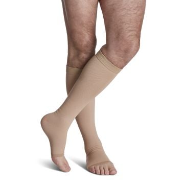 Sigvaris 503W Natural Rubber Thigh High Open Toe 30-40 mmHg Compression Stockings, Waist Attachment, Beige
