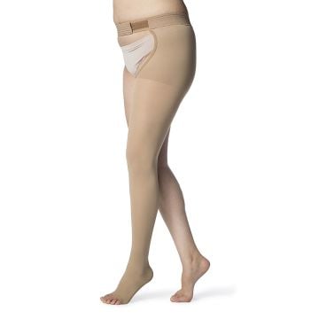 Sigvaris 863W Select Comfort Thigh High Open Toe 30-40 mmHg Compression Stockings, Waist Attachment, Light Beige