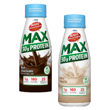 Bottles of Boost Glucose Control Max Protein in chocolate and vanilla