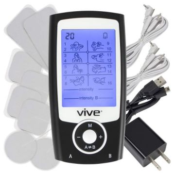 Vive 8-Mode Electrotherapy TENS Unit with 8 electrode pads, USB battery charger, mini-USB cable, and 2 input electrode cables